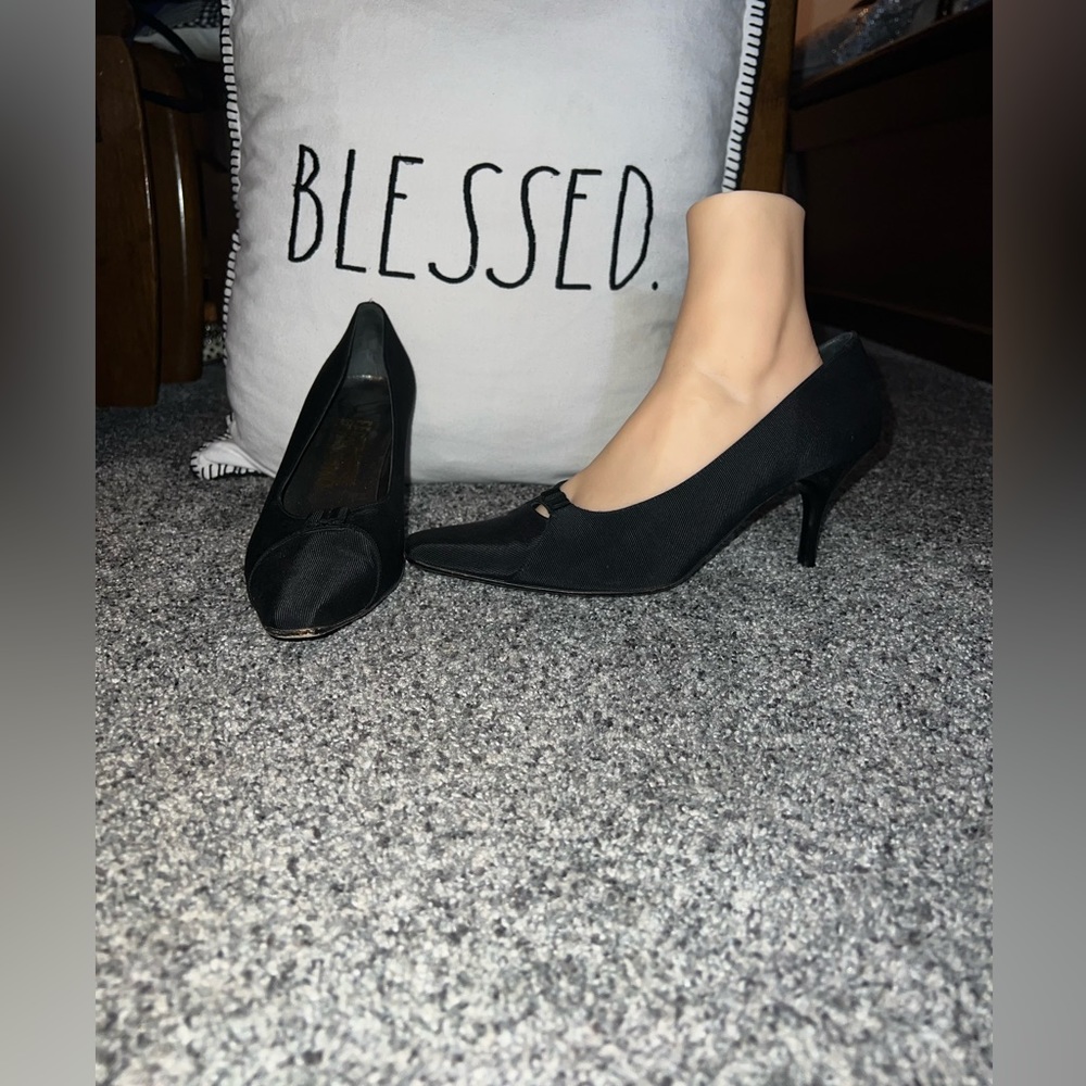 Salvatore Ferragamo square toe black fabric heels.